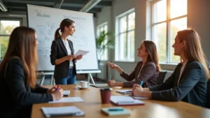 Fiatalok prezentálnak irodában